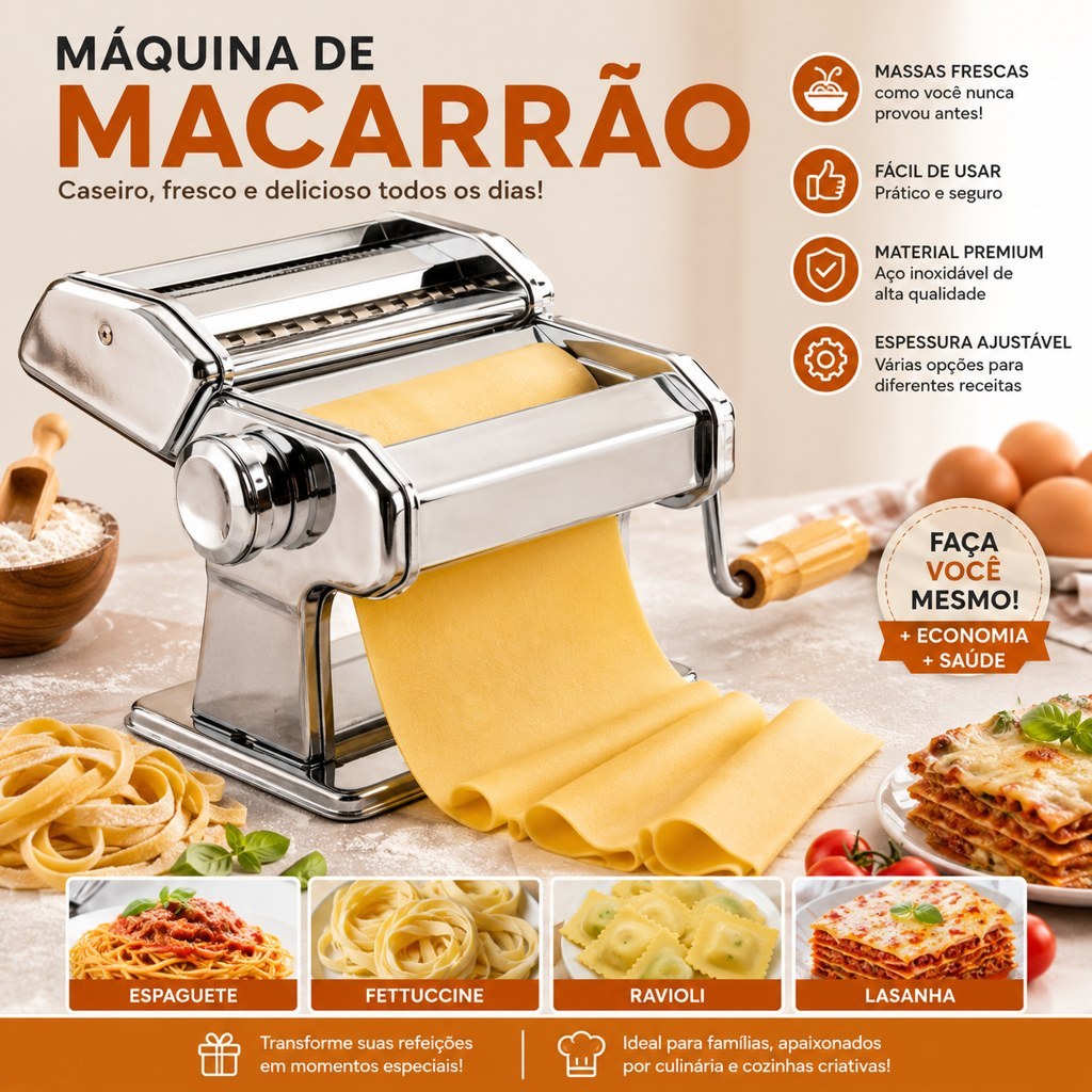Imagem Máquina Macarrão 3 Massas Caseira Cilindro Inox Lasanha Fettuccine Pastel Bestfer Manivela