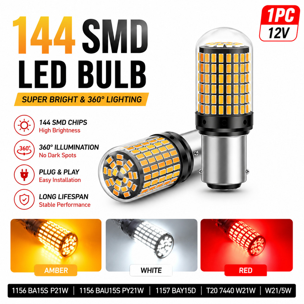 1 Peça 144SMD Lâmpada LED 1156 1157 7440 BA15S T20 Sinal De Volta Freio Cauda Luz Reversa Vermelho Âmbar Branco 12V