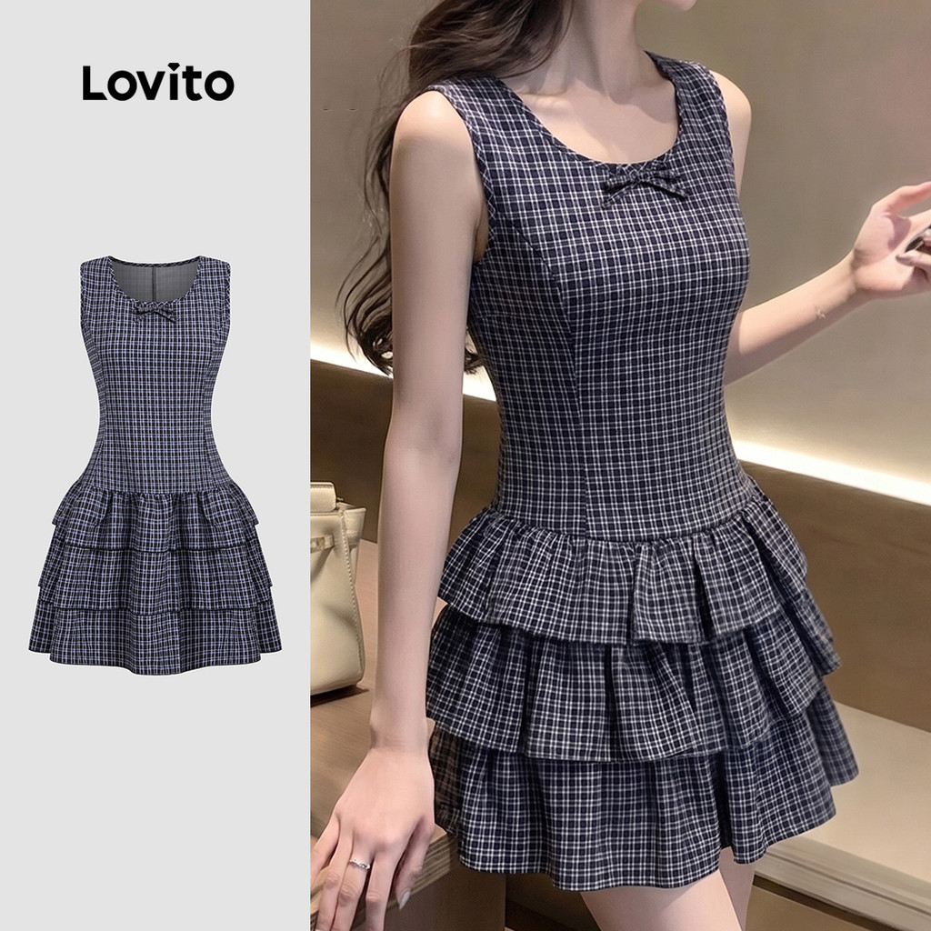 Lovito Vestido Casual Feminino com Laço Frontal Camadas em Degraus e Padrão prim