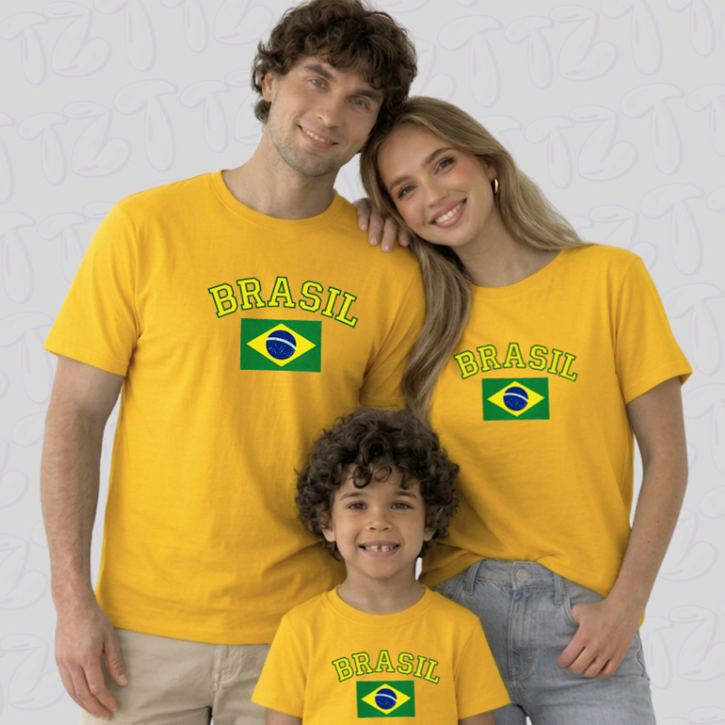 Camiseta Brasil Pai Mãe Filho Seu Kit Copa Do Mundo 100% Algodão Masculina Infiantil Plus Size