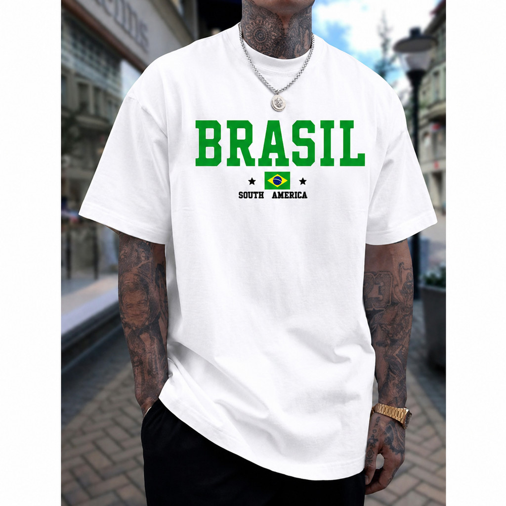 Camiseta Masculina Brasil 2026 Manga Curta com Gola Redonda e Estampa da Bandeira do Brasil Casual P AO PLUS SIZE