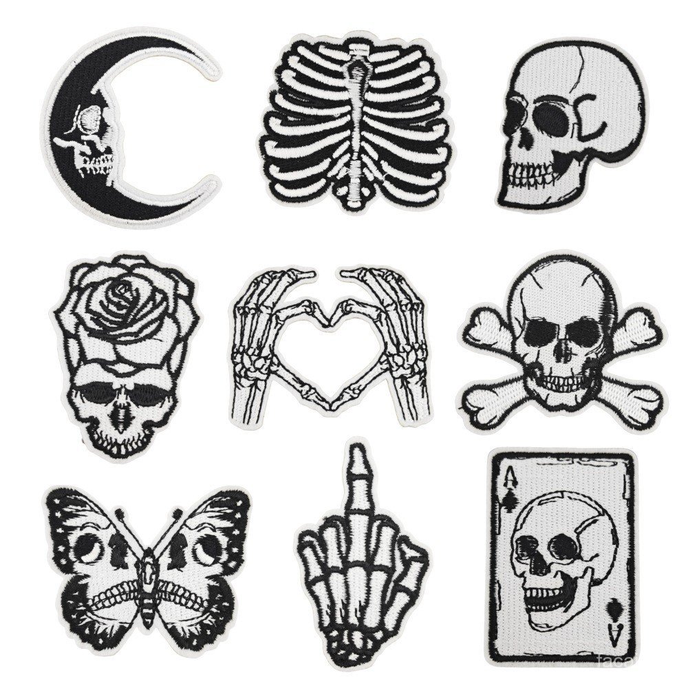 Patches de tecido com caveiras em preto e branco populares, patches personalizados para passar a ferro em estilo europeu