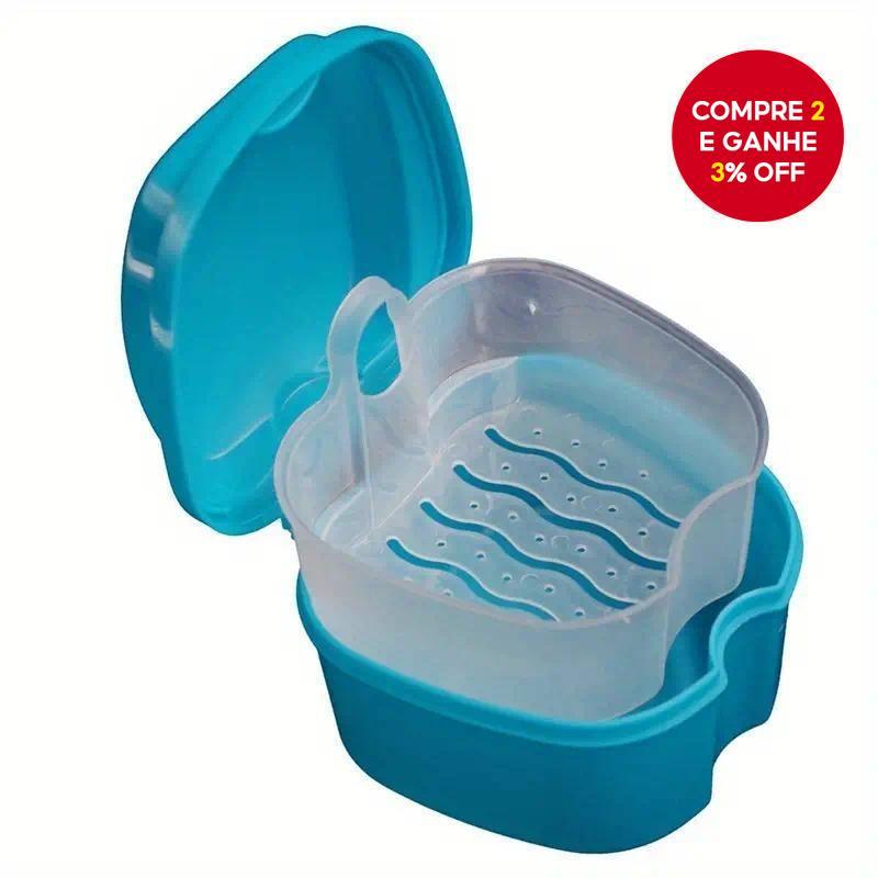 Caixa de dentadura azul, caixa de armazenamento para dentaduras com bolsa de rede suspensa - azul