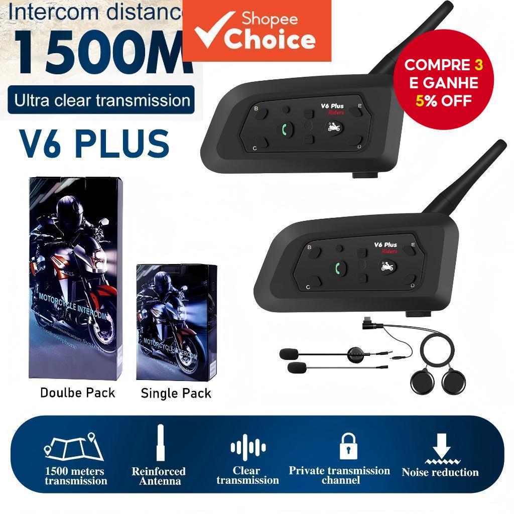 Novo V6 Plus Capacete Da Motocicleta Interfone 1500M Sistema De Fone De Ouvido Bluetooth Redução Ruído