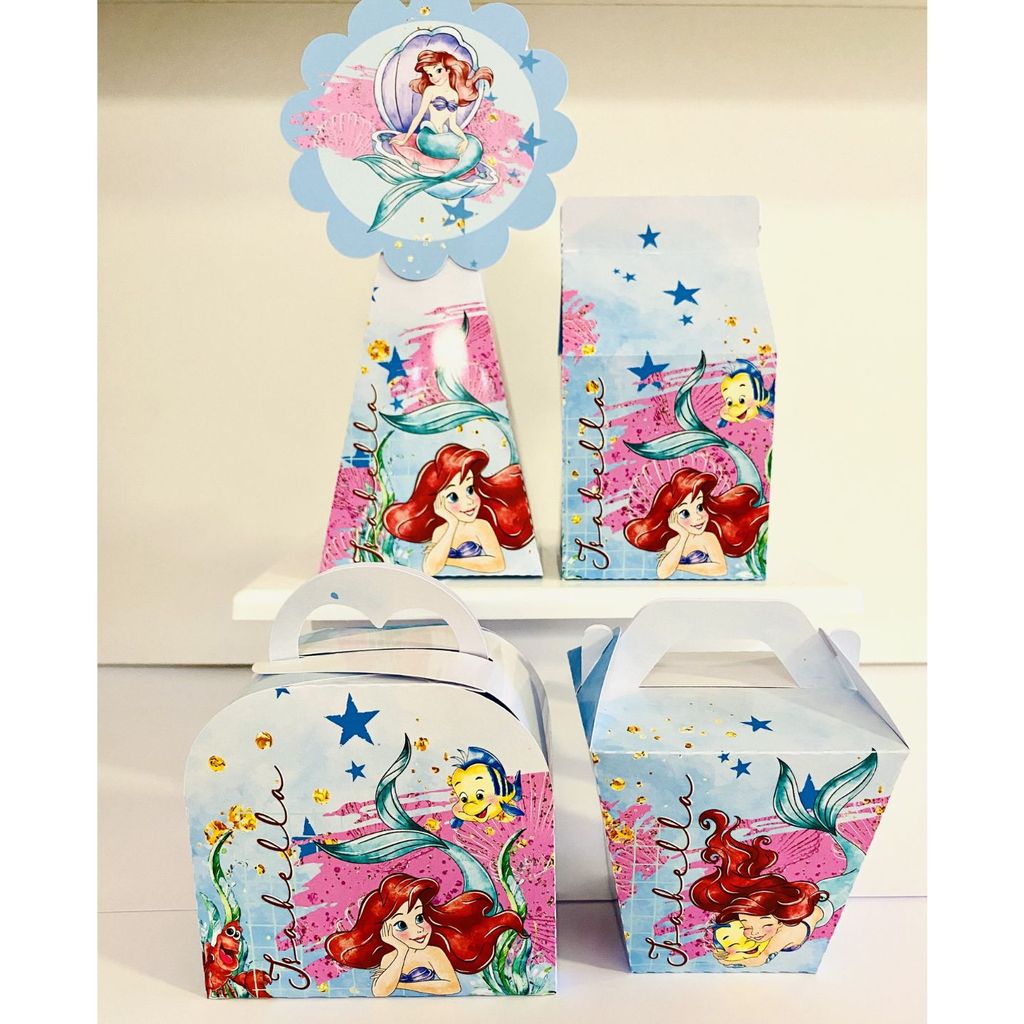 Caixinhas personalizadas PRINCESA ARIEL Aquarela (pegue e monte) - Kit Caixas Lembrancinha para Festa Pequena Sereia