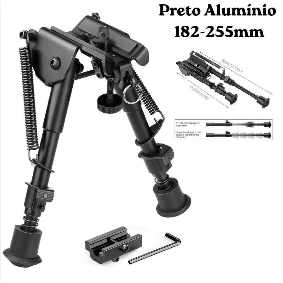 Bipé Retrátil Ajustável em ABS e Alumínio Preto 182-255mm com Regulagem de Altura