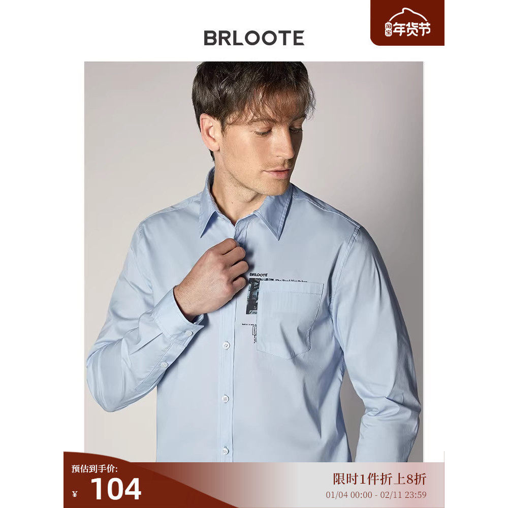 BRLOOTE/BLOOTE Camisa Leve Masculina Moda Impressa Patch Bolso Elástico Simples Camisa de Manga Comprida Primavera Outon