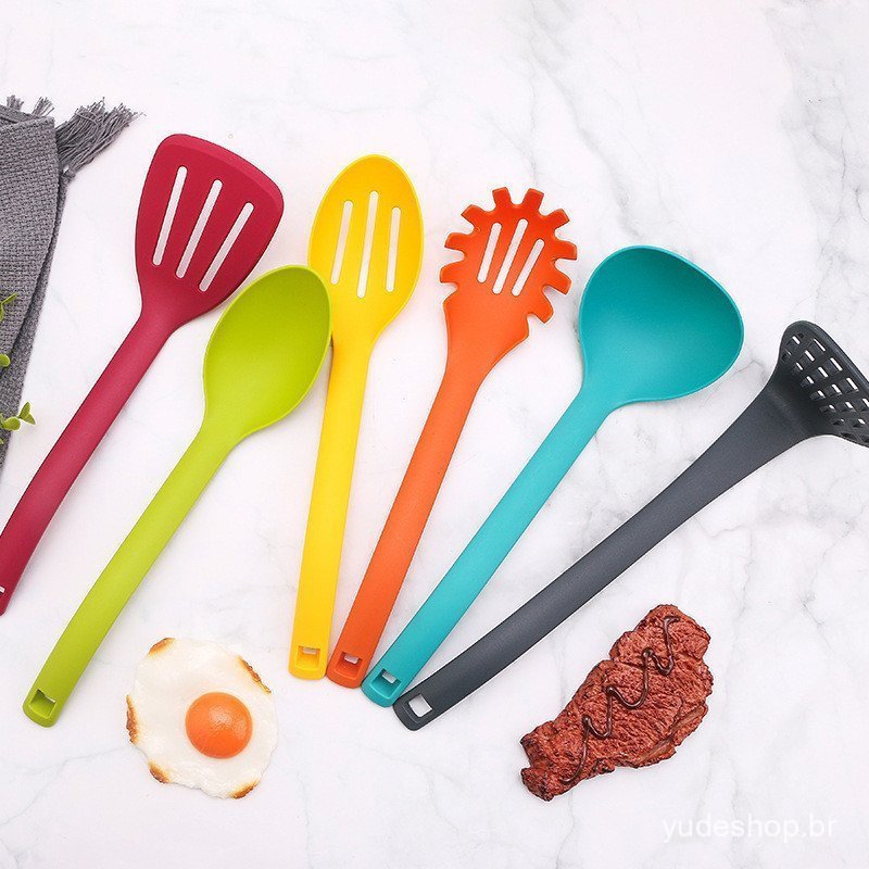 [Estoque Pronto] Conjunto De Utensílios De Cozinha De Nylon 6 Peças Com Suporte | Ferramentas Antiaderentes Resistentes