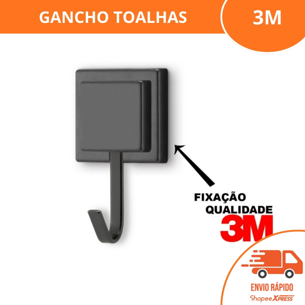 Gancho Cabide Porta Toalha de Rosto Parede Banheiro 3M Preto