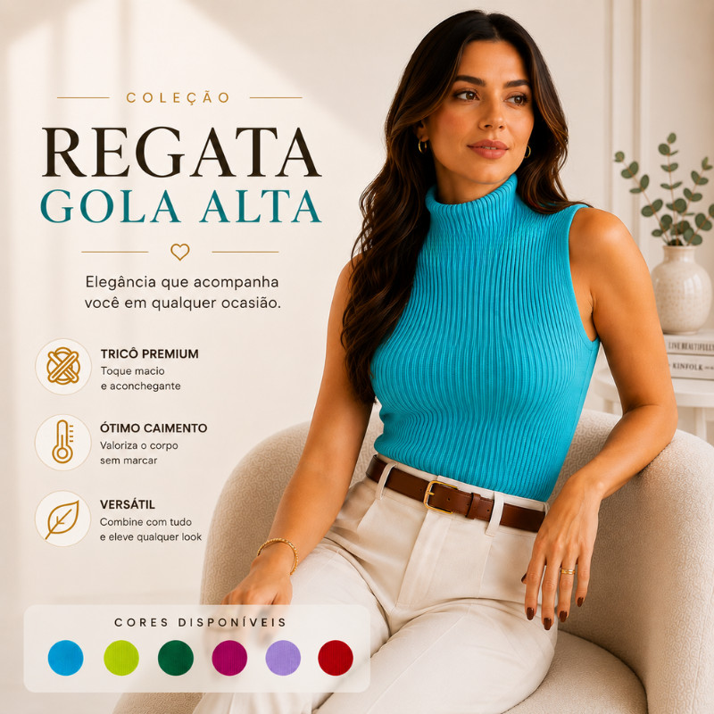 Regata Gola Alta Feminina Tricô Canelado Modal Elegante |1028| Pronta Entrega