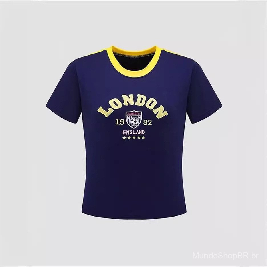 Camiseta de moda urbana retrô americana com bordado de letras, top slim-fit para garotas estilosas, pullover curto, cami