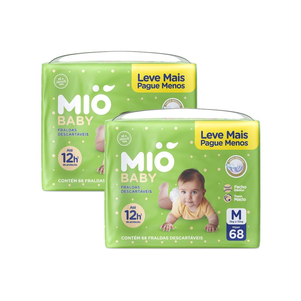 Kit 2 Fralda Mió Baby Tamanho M Hiper 68 Unidades Descartáveis
