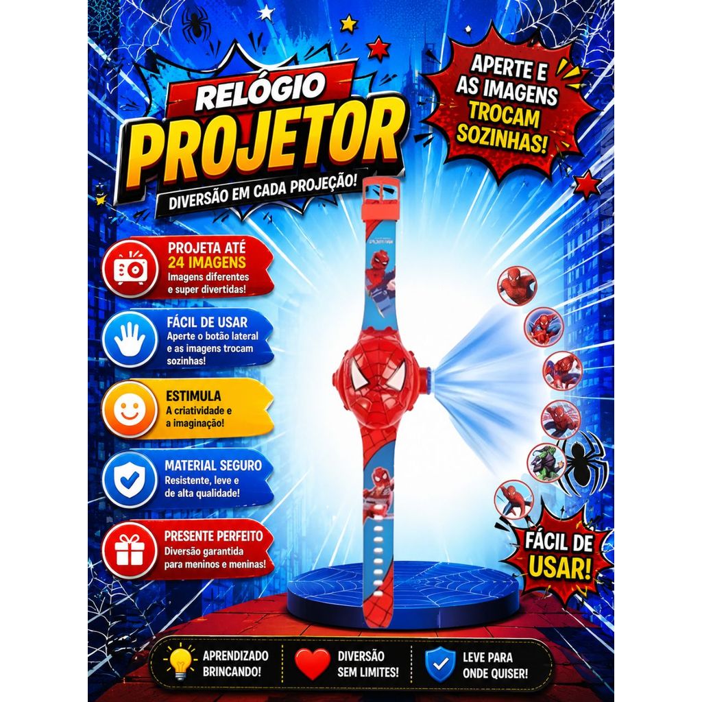 Relógio Infantil Projetor 3D Homem Aranha