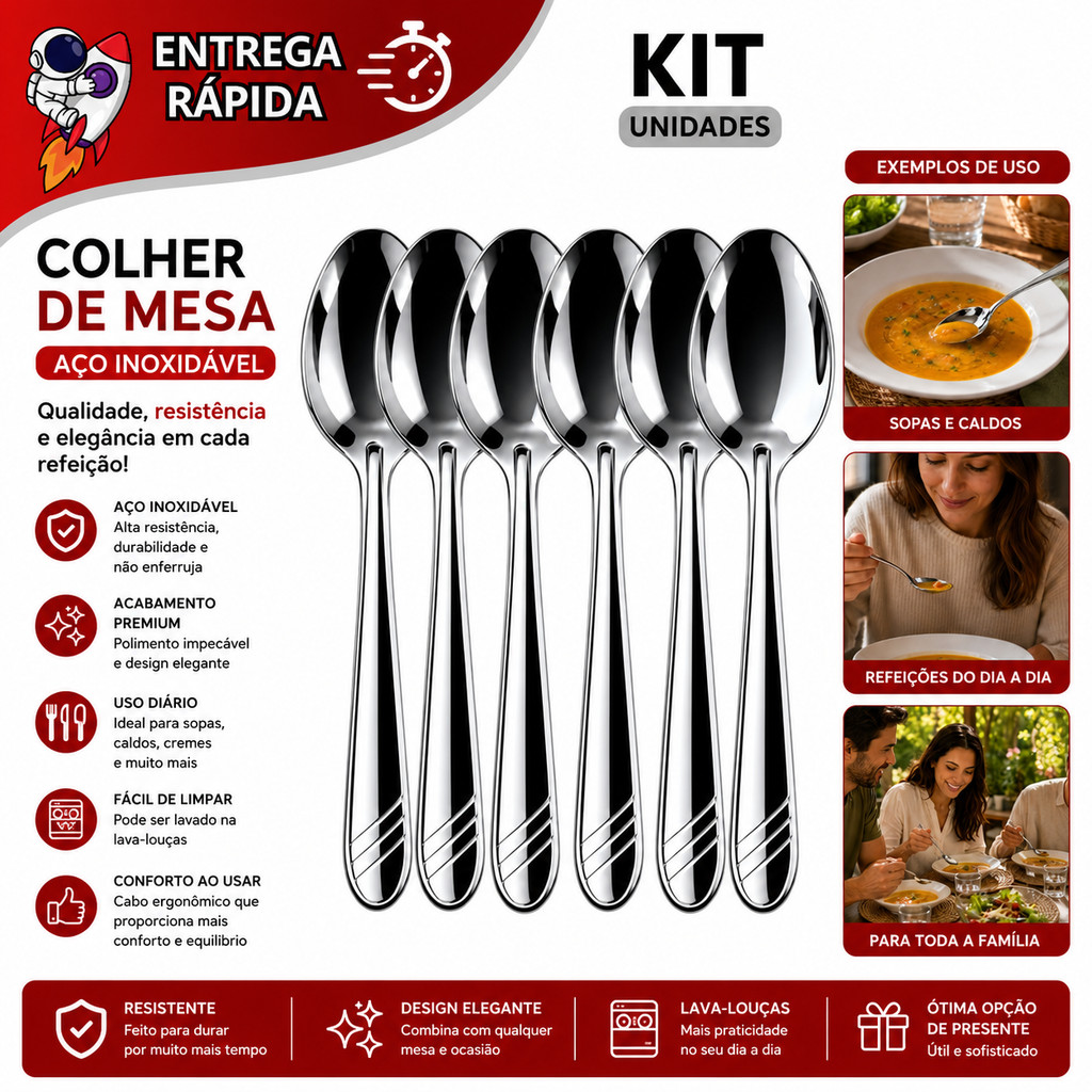 Jogo 30 Colheres Aço Inox Resistentes para Sopas, Feijão e Refeições