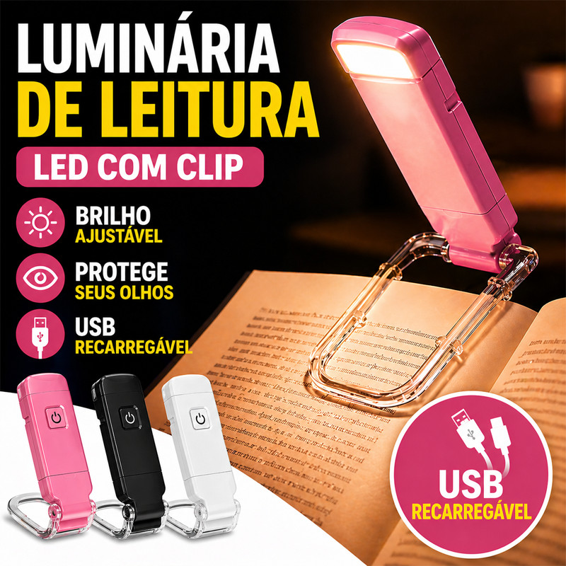 Mini Luminária LED de Leitura com Clip USB Flexível Brilho Ajustável  Portátil Proteção dos Olhos Bivolt