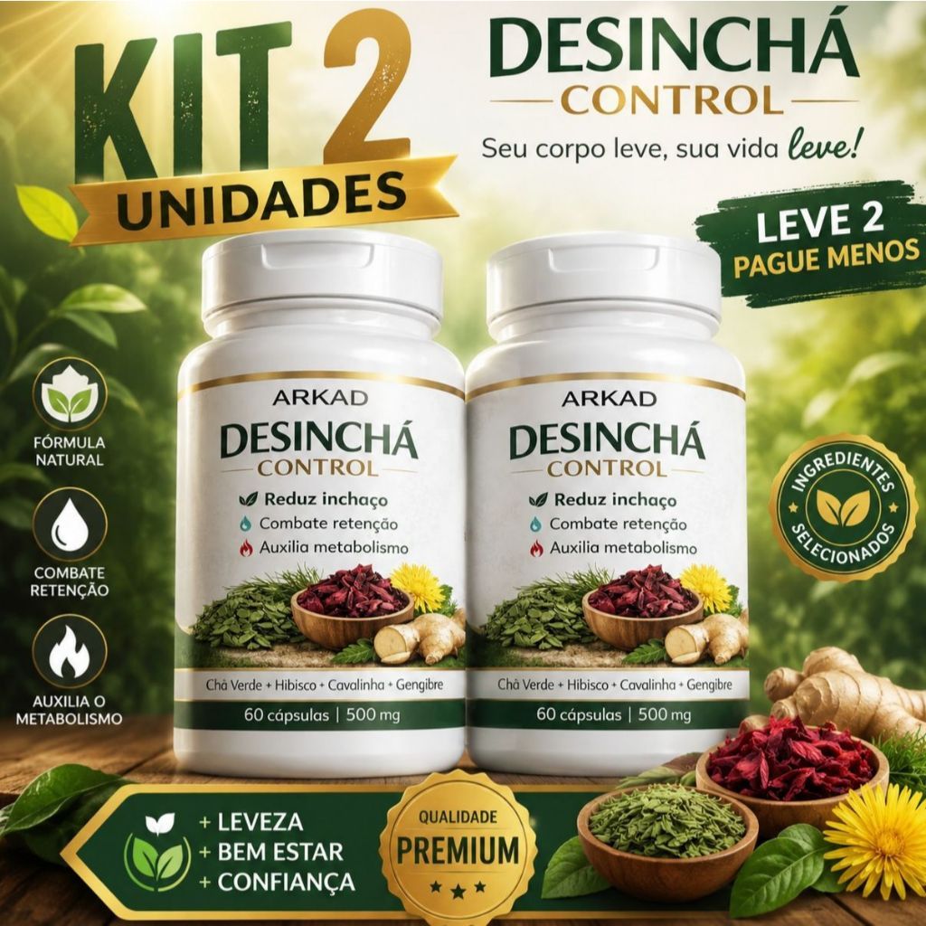 Kit 2 Desinchá Natural | Chá Verde + Hibisco + Cavalinha | Reduz Inchaço 120 Cápsulas | Arkad Suplementos|Or