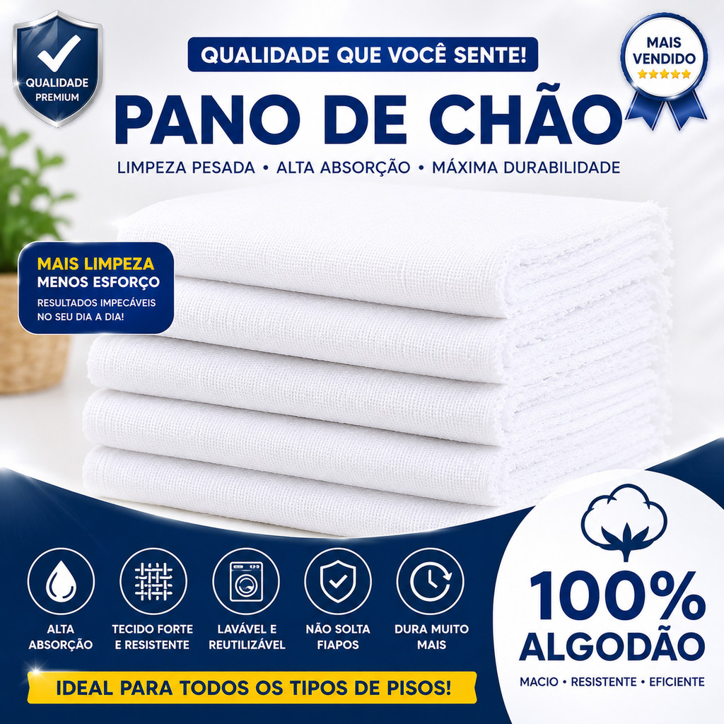 Kit 10 Pano De Chão Grande Saco Duplo 75 cm x 45 cm 100% algodão