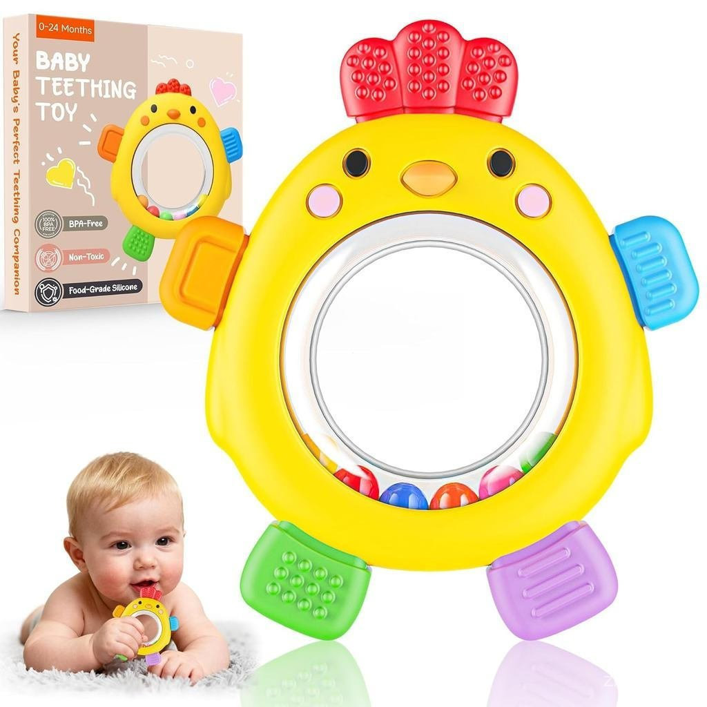 Anéis de dentição com chocalho e brinquedo sensorial, mordedores de silicone para bebês de 6 a 12 meses, brinquedos para
