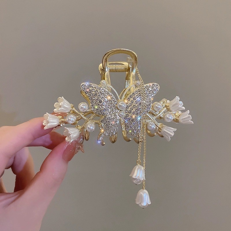 Presilha de cabelo com borboleta cravejada de diamantes e franjas para penteados coque, presilha de cabelo estilo corean