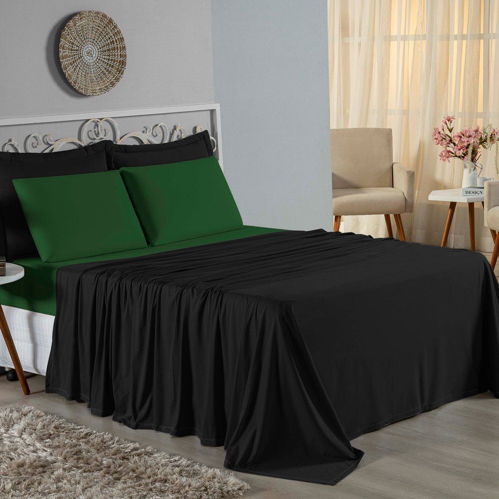 Jogo de Cama Solteiro Nobre 3 Peças Lençol com Elástico de 30cm de Altura Malha 100% Algodão - Preto / Verde-Bandeira