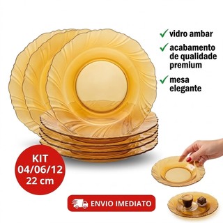 Jogo de Prato de VIDRO Kit 04/06/12 PEÇAS Pratos AMBAR TRABALHADO Marrom Mesa Cozinha Restaurante 22 cm vidro ambar P...