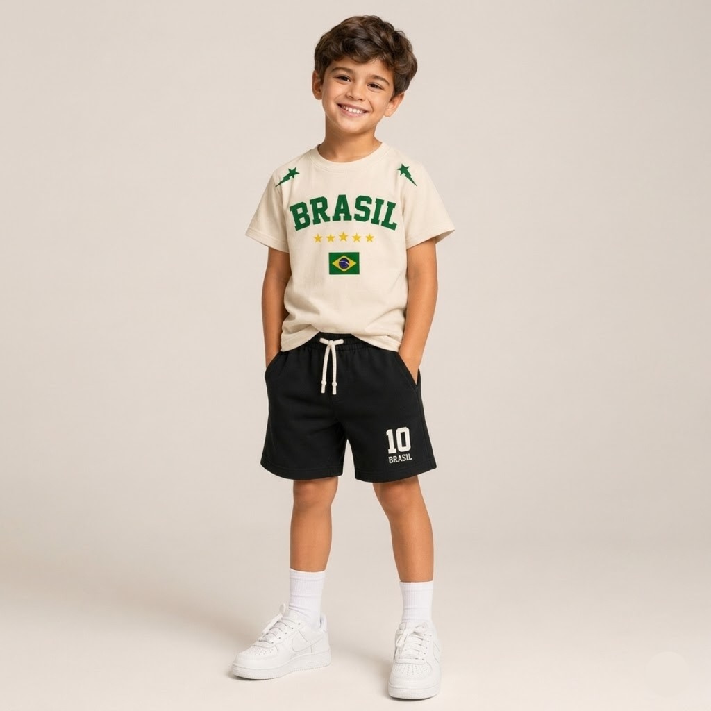 Conjunto Infantil Brasil Streetwear Premium Masculino Camiseta Estilosa e Bermuda Casual Confortável Menino