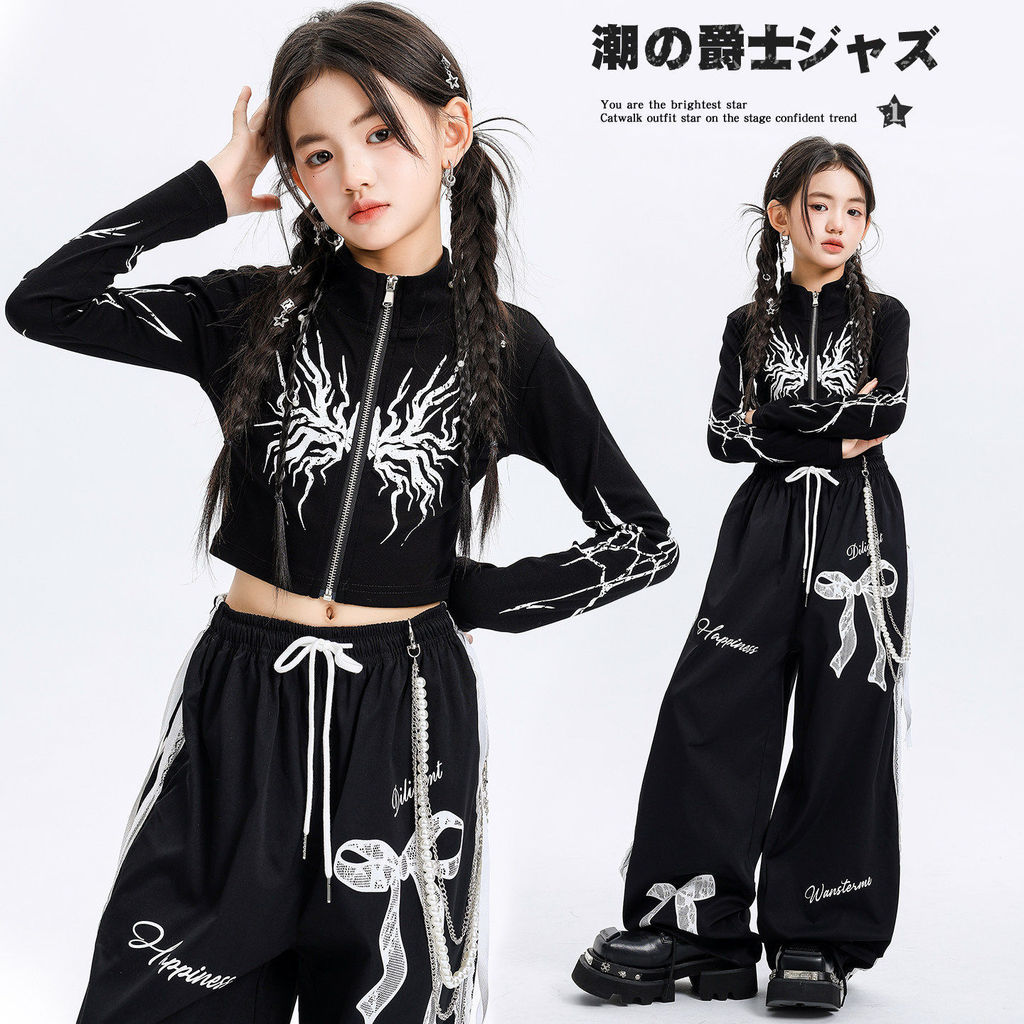 Meninas jazz dança preto manga comprida Totem topo arco calças terno jazz dança infantil doce estilo legal Wear