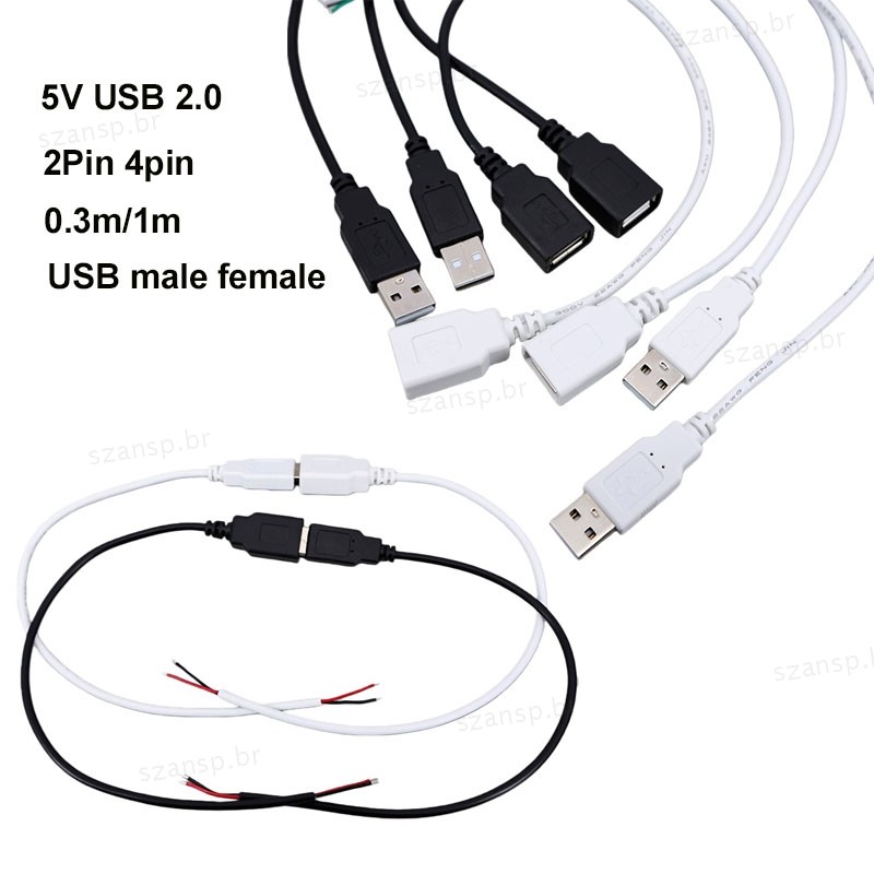 5V usb 2.0 2Pin 4pin diy Macho Fêmea Jack Conector Cabo De Extensão De Alimentação Preto Branco 30cm 100cm BRA1