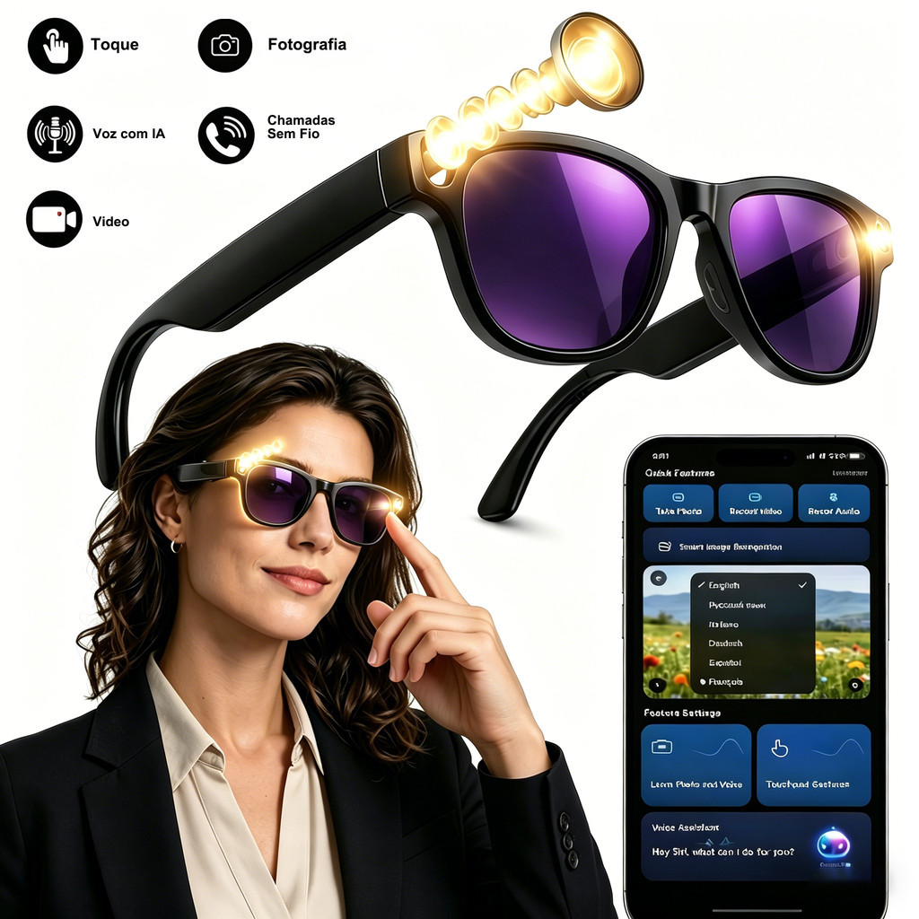 Óculos Inteligentes com Câmera HD Bluetooth 5.4 Áudio Vídeo Música 16GB