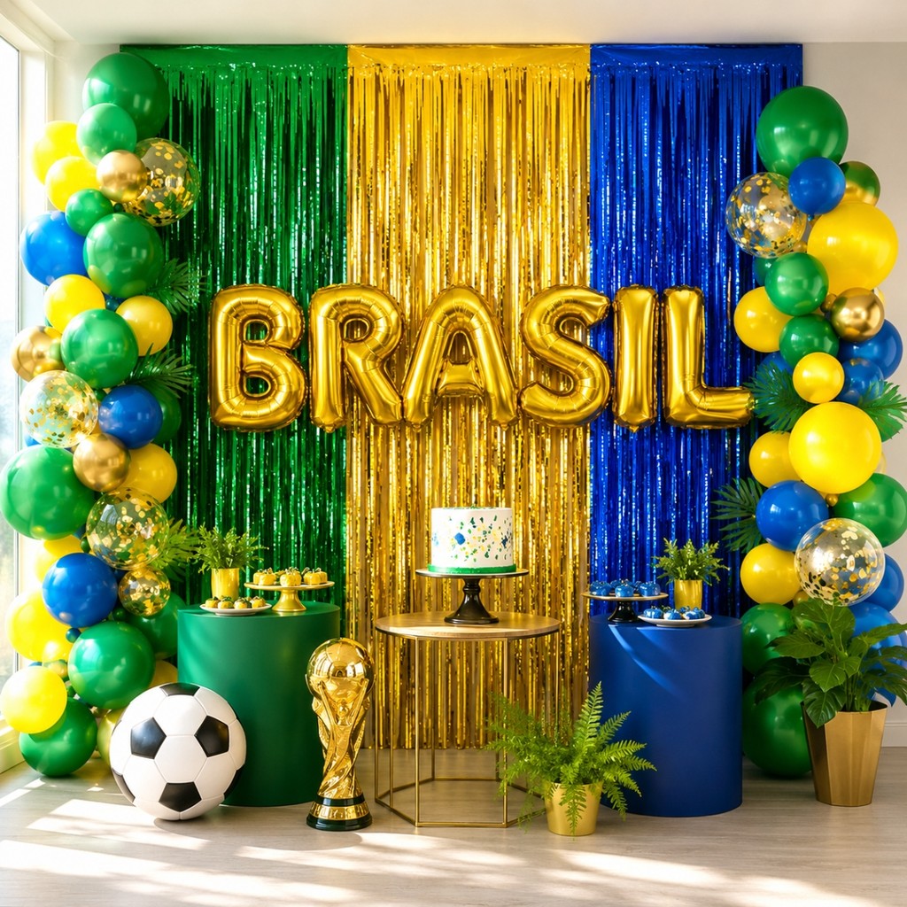 Kit Decoração Brasil Copa 2026 – Cortinas Metálicas + Balão Brasil para Festa e Cenário