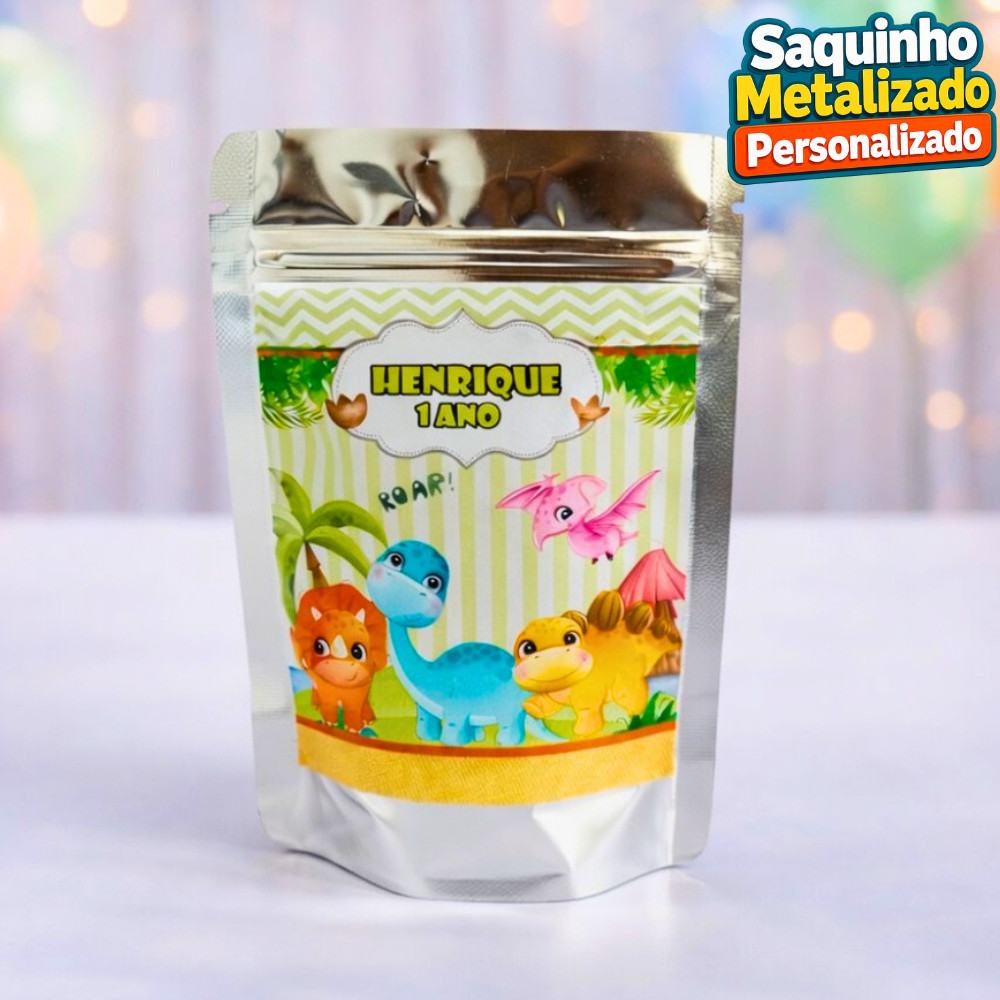 Saquinho Metalizado Dinossauro Personalizado / Lembrancinha de Festa /Aniversário