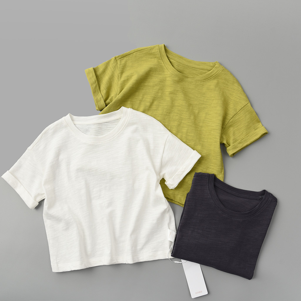 Versão solta estilo coreano crianças bambu puro algodão camiseta meninos meninas algodão de manga curta topos médio gran