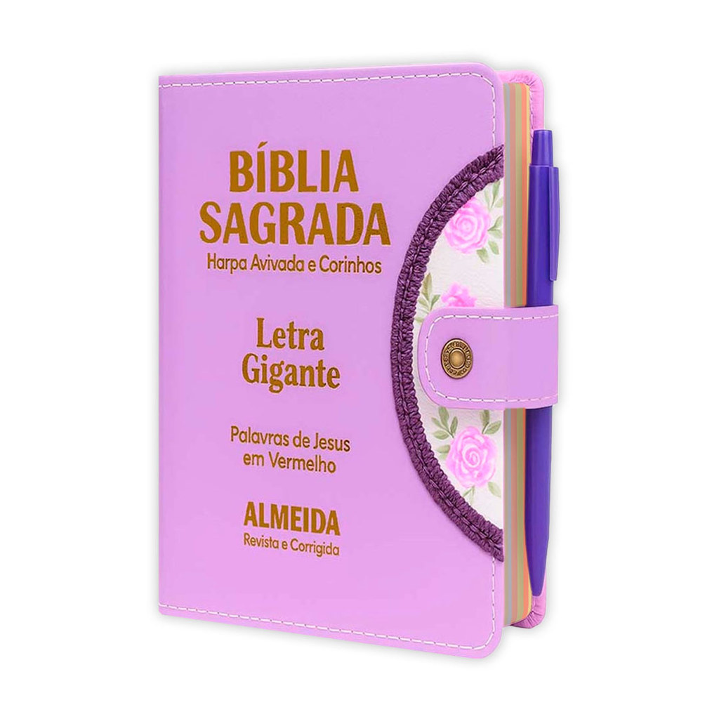 Bíblia Sagrada - Letra Gigante | ARC - João Ferreira de Almeida - Botão e Caneta - Lilás c/ Índice por Cores