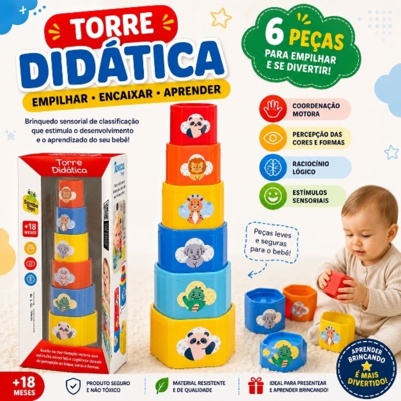 Torre Didática Empilhar 6 Peças Brinquedo Educativo Sensorial Montessori Bebê