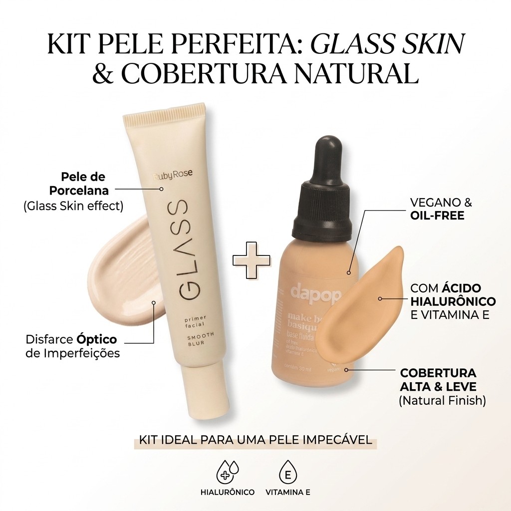 Kit Maquiagem Dapop Base Líquida 30ml e Primer Ruby Rose Glass Smooth Blur 25g Uso Diário