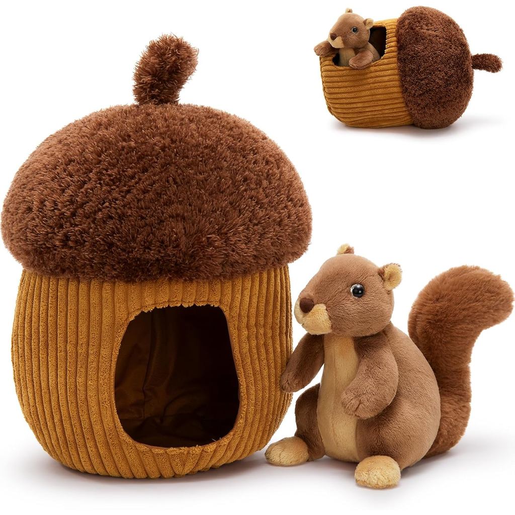 MorisMos Hide and Seek Squirrel Plush Toy Set, 11.8" Interactive Acorn Hideout with 7.9" Stuffed Squirrel, Woodland Stuf