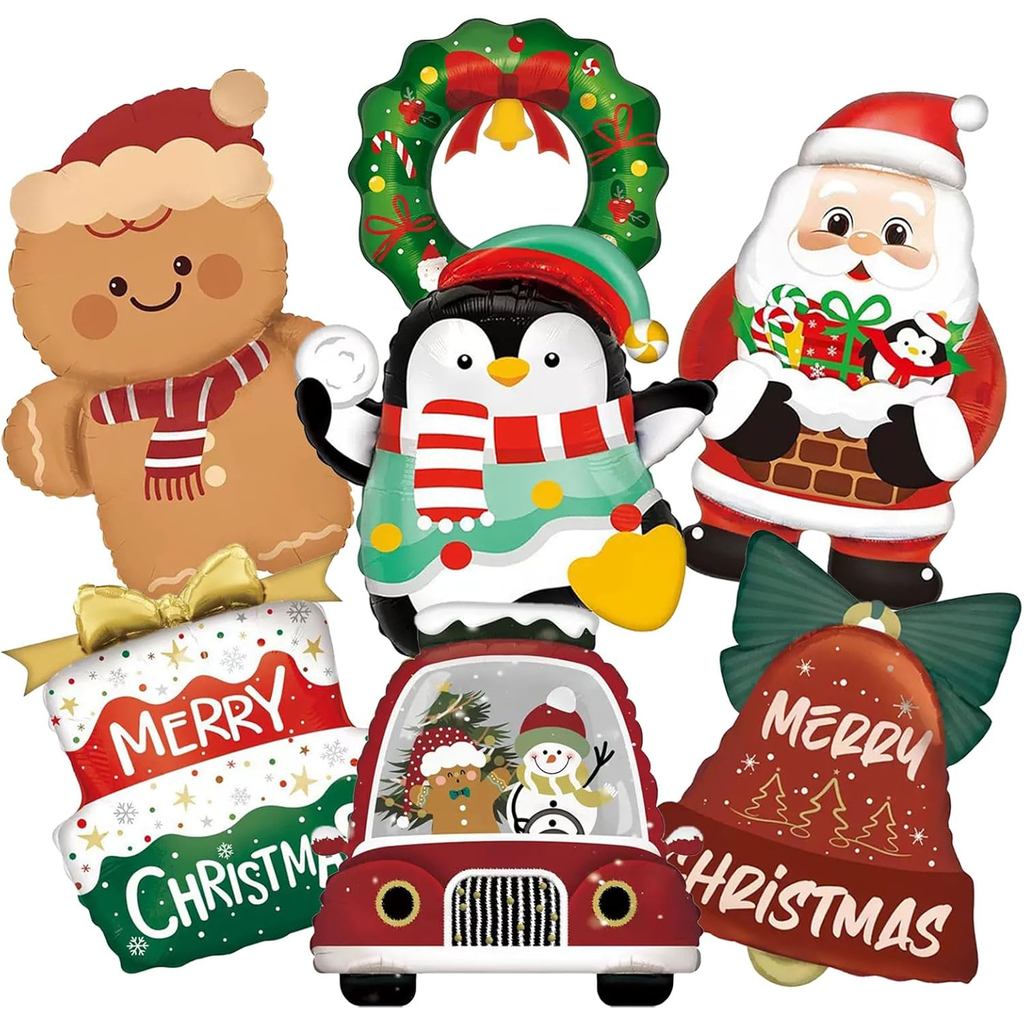 7 Balões de Natal em Papel Metalizado: Papai Noel, Boneco de Gengibre, Boneco de Neve, Pinguim, Balões de Mylar, Decoraç