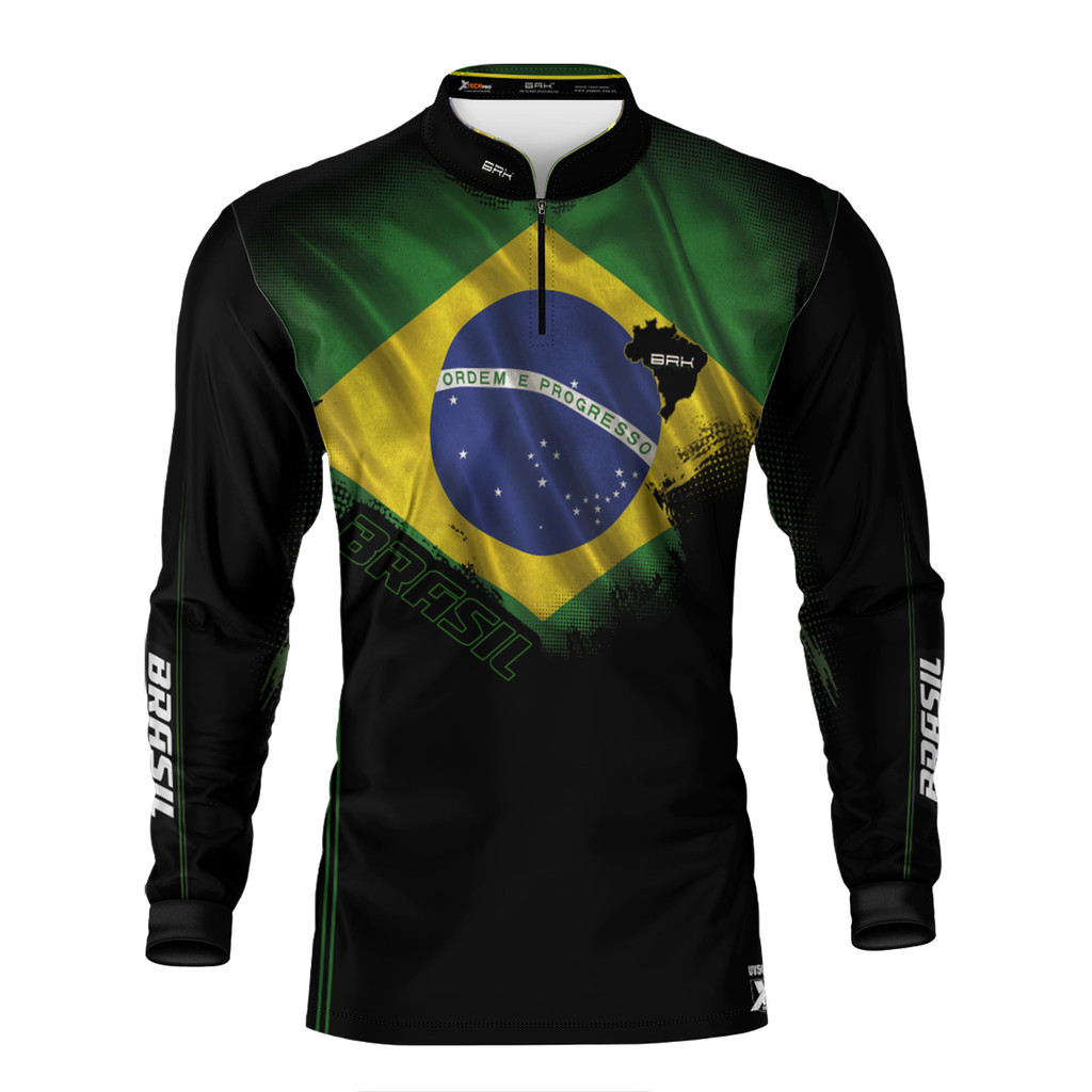 Camisa Segunda Pele Preta Masculina Uv Brk Bandeira do Brasil Térmica Motoboy Entregador Confortável