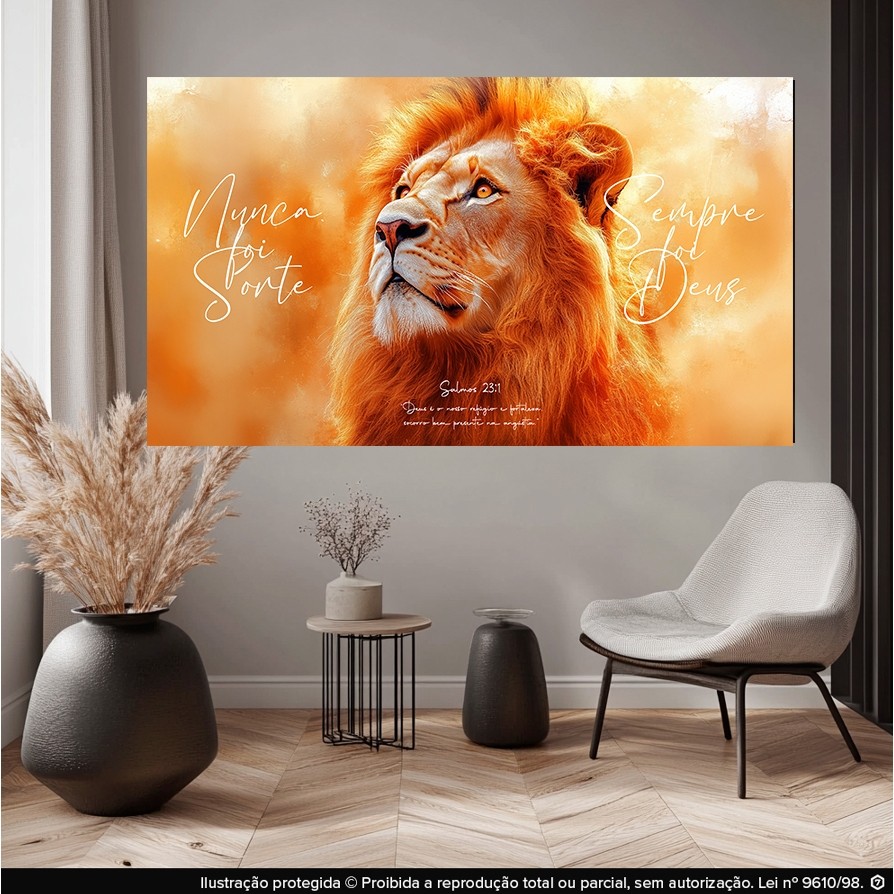 Quadro Decorativo Leão “Nunca Foi Sorte, Sempre Foi Deus” – Salmos 231  Arte Religiosa Moderna para Sala