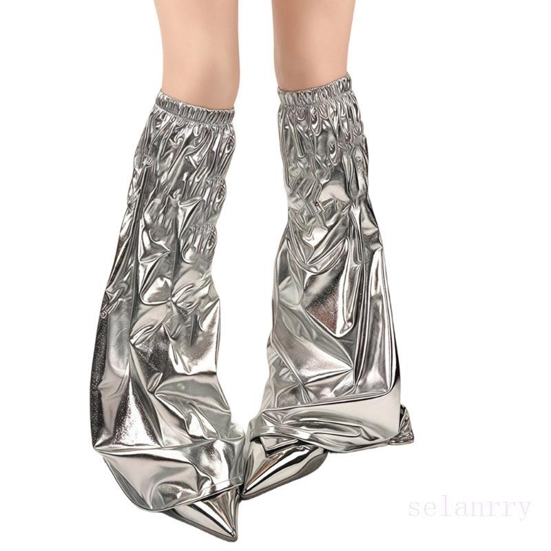 selanrry PU Couro Queimado Polainas Metálicas Prata Baggy Grunge Perna Meias Pés Bota Larga
