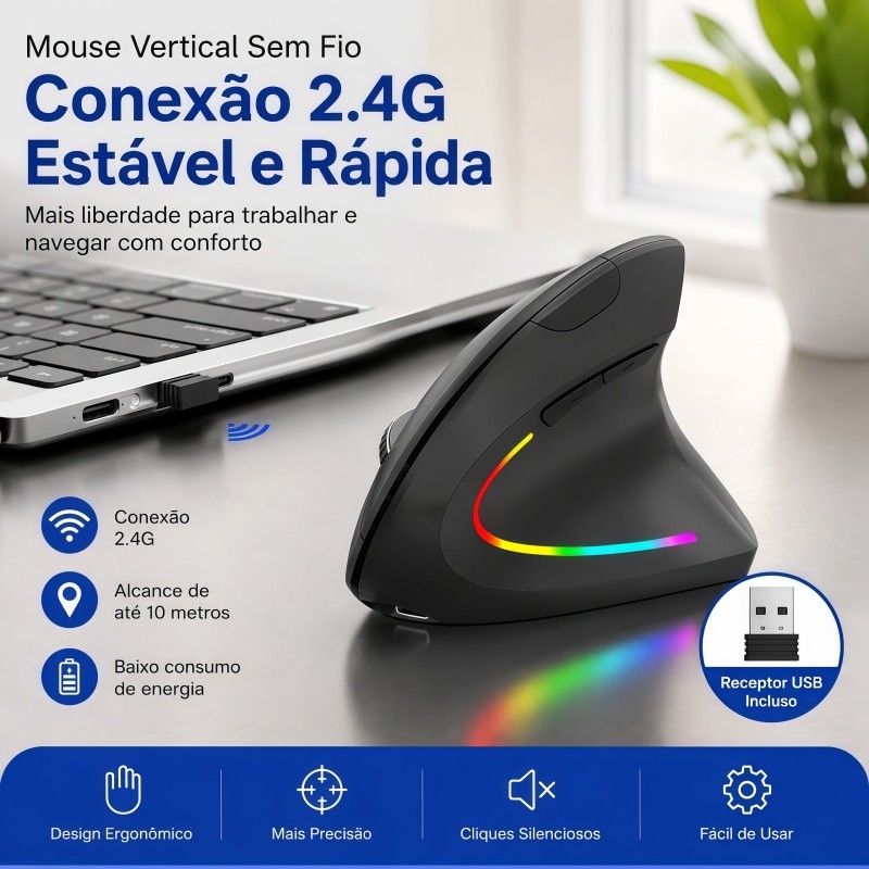 Mouse Vertical Sem Fio Ergonômico Recarregável Bluetooth + 2.4G RGB LED 3 DPI Ajustáveis para Notebook e PC