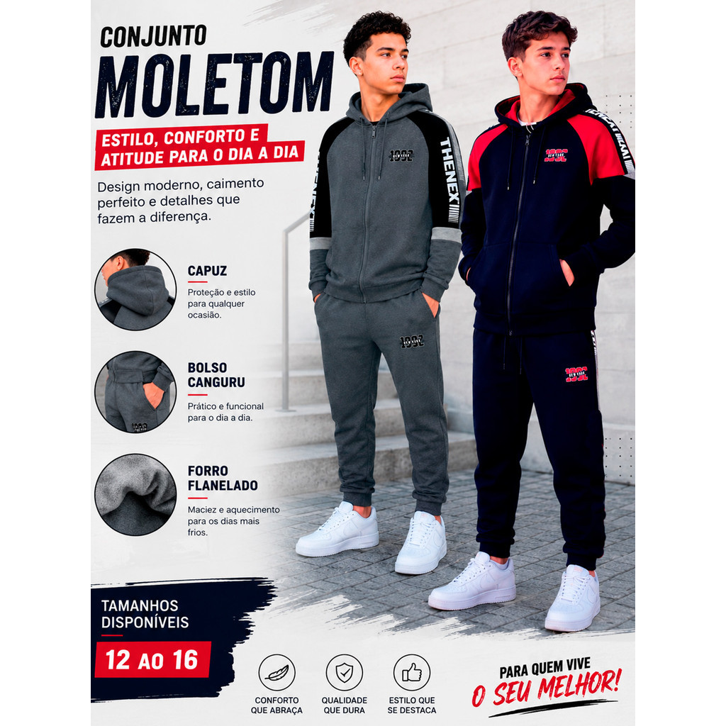 Conjunto Juvenil Masculino Moletom Peluciado Capuz Zíper Moda Inverno Menino Esportivo Casual 12 ao 16
