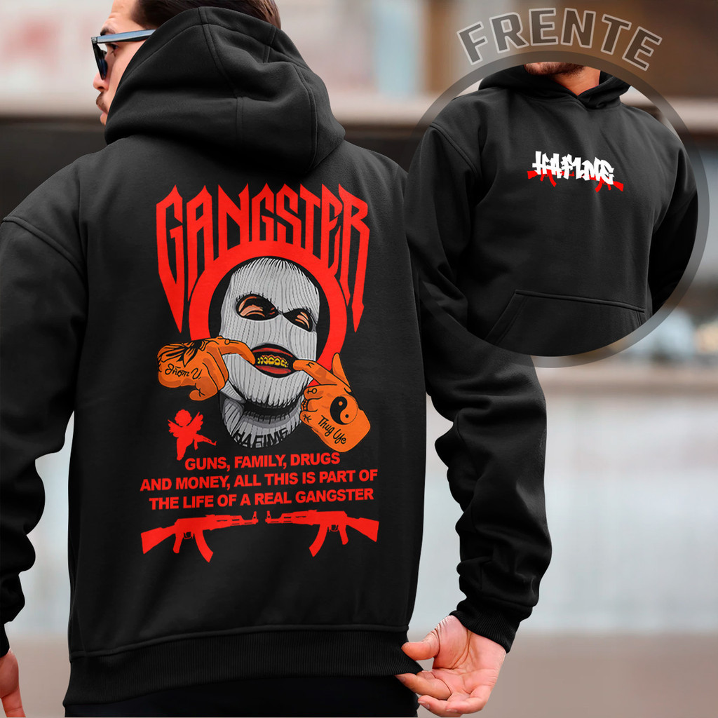 Blusa de Frio Moletom Canguru Gangster Abrigo Capote Casaco Com Capuz Unissex Plus Size P ao G4