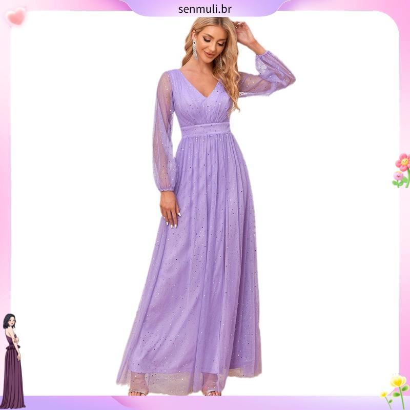 Vestido de noite brilhante brilhante brilhante com tule de manga comprida duplo decote em V vestido de festa de casamen