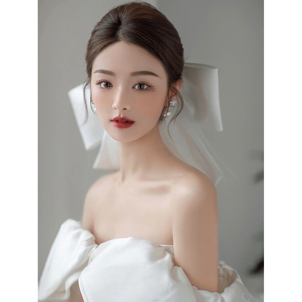 Nupcial Mori série Xianmei cetim arco véu influenciador moda foto acessórios de casamento gaze branca acessórios para o