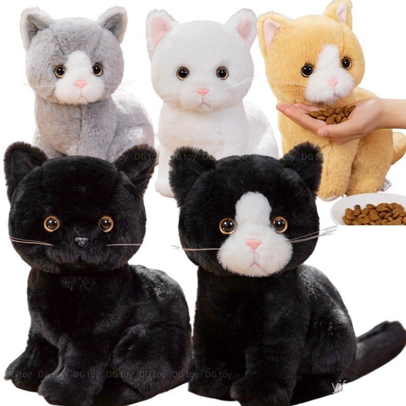 Brinquedo de pelúcia realista de gato cinza-branco-preto de 26 cm, pose sentada de desenho animado, gatinho realista.