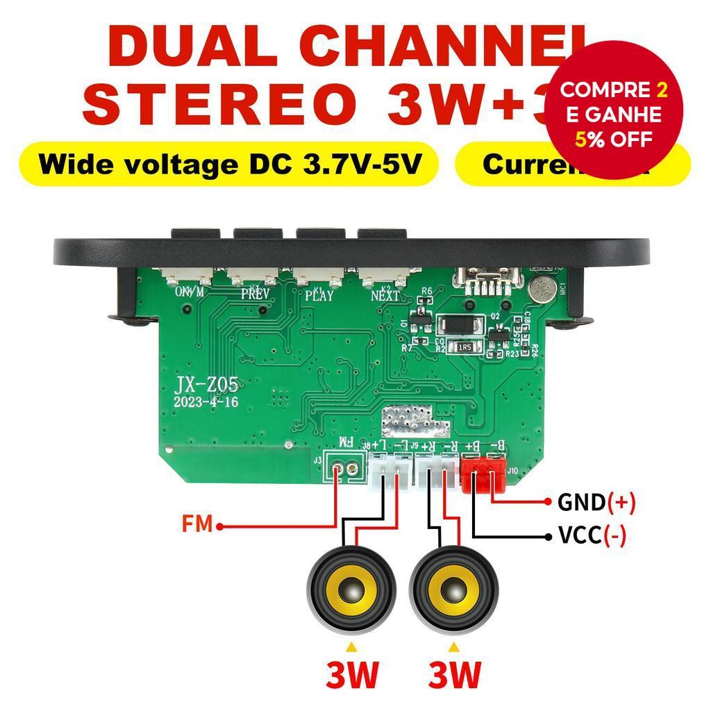 Novo [Shopee Choice] Amplificador 2*3W 6W 5V Placa MP3 Bluetooth 5.0 Áudio Estéreo DIY Player MP3 para Carro Rádio FM TF