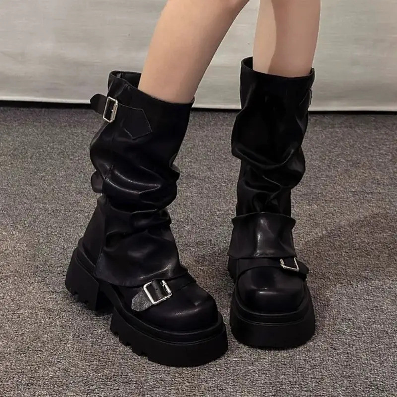Novo Design Botas de Motociclista Femininas com Plataforma e Fivela, Botas Altas até o Joelho, Estilo Harajuku Gladiator