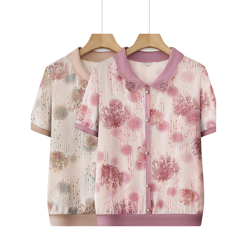 Roupas femininas idosas de meia-idade roupas da mãe estiramento gelo seda pequena camisa de manga curta lapela camisa PO