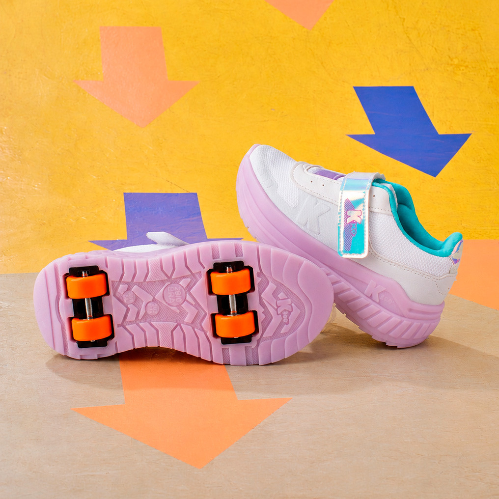 Tênis Infantil Menina Kidy K360 Veloz Light Branco Lilás Com Rodinhas Confortável